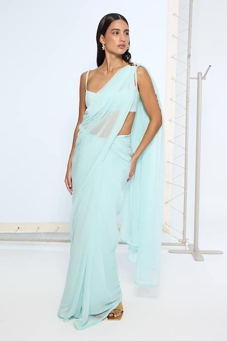 Shop_Ekaya Banaras_Aqua Chiffon Ice Blue Movable Brooch Saree With Running Blouse _Online_at_Aza_Fashions