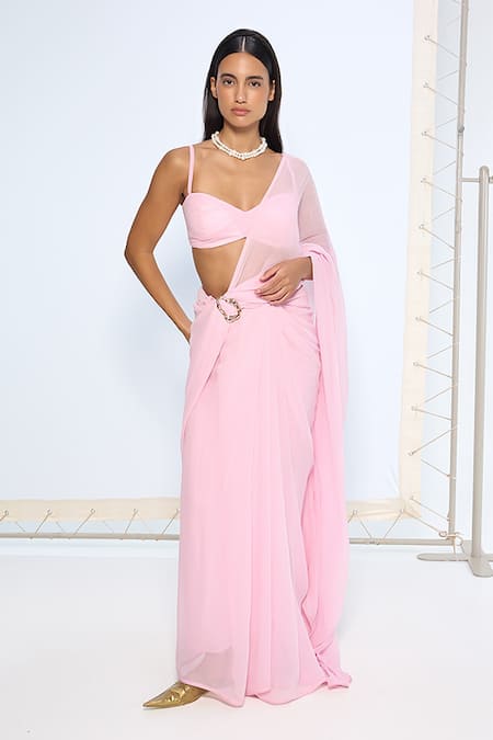 Ekaya Banaras Pink Chiffon Blush Movable Brooch Saree With Running Blouse 