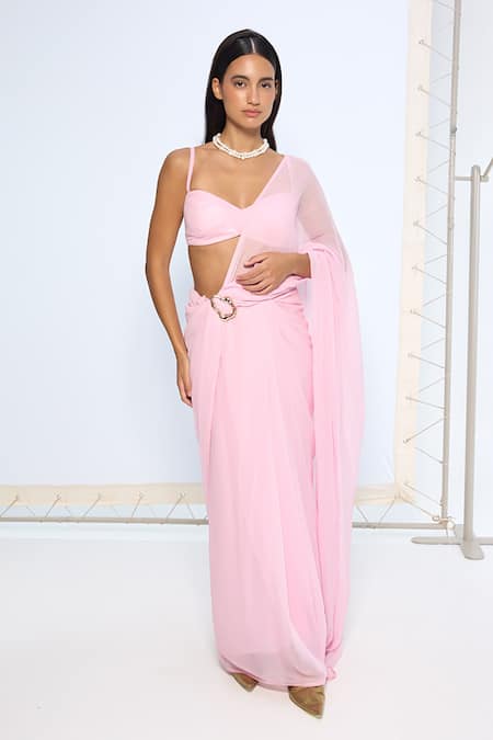 Buy_Ekaya Banaras_Pink Chiffon Blush Movable Brooch Saree With Running Blouse 