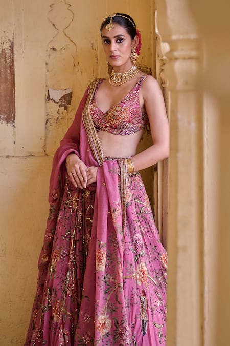 Irrau By Samir Mantri_Pink Organza Embroidery, Zari, Sequins V-neck Gulab Floral Print Lehenga Set _Online_at_Aza_Fashions