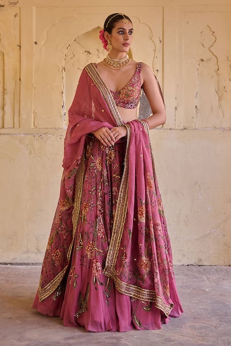 Shop_Irrau By Samir Mantri_Pink Organza Embroidery, Zari, Sequins V-neck Gulab Floral Print Lehenga Set _Online_at_Aza_Fashions