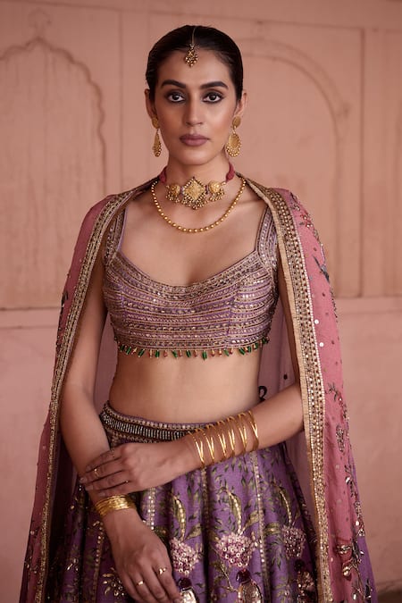 Irrau By Samir Mantri_Purple Dupion, Chinon, Chiffon Metallic Thread, Neelkamal Printed Lehenga Set _Online_at_Aza_Fashions