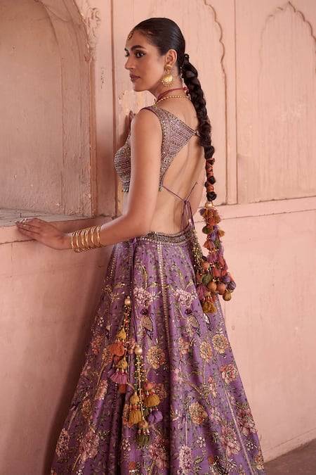 Buy_Irrau By Samir Mantri_Purple Dupion, Chinon, Chiffon Metallic Thread, Neelkamal Printed Lehenga Set _Online_at_Aza_Fashions