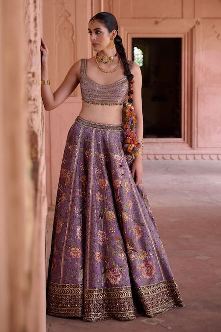 Shop_Irrau By Samir Mantri_Purple Dupion, Chinon, Chiffon Metallic Thread, Neelkamal Printed Lehenga Set _Online_at_Aza_Fashions