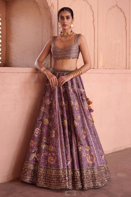 Irrau By Samir Mantri_Purple Dupion, Chinon, Chiffon Metallic Thread, Neelkamal Printed Lehenga Set _at_Aza_Fashions