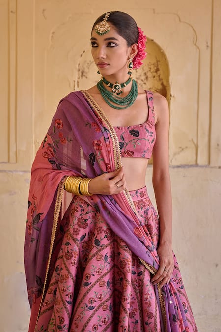 Irrau By Samir Mantri_Pink Dupion, Chinon, Chiffon Embroidery Nalini Floral And Bird Print Lehenga Set _Online_at_Aza_Fashions