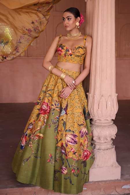Irrau By Samir Mantri Multi Color Dupion, Chinon, Chiffon Embroidery, Kaner Bird Print Lehenga Set Online at Aza Fashions Irrau By Samir Mantri_Multi Color Dupion, Chinon, Chiffon Embroidery, Kaner Bird Print Lehenga Set _Online_at_Aza_Fashions