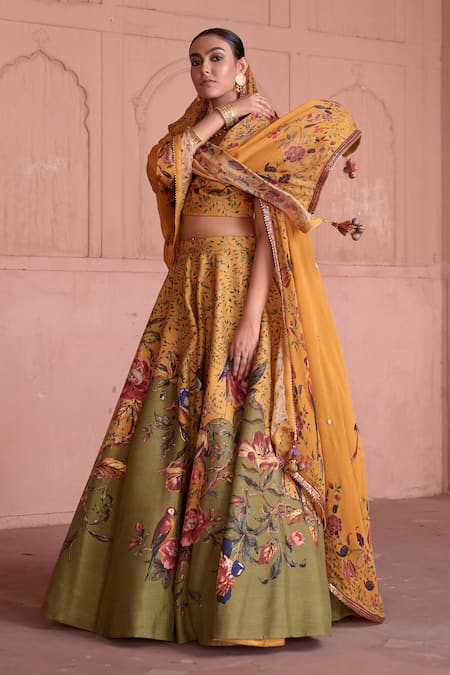 Buy Irrau By Samir Mantri Multi Color Dupion, Chinon, Chiffon Embroidery, Kaner Bird Print Lehenga Set Online at Aza Fashions Buy_Irrau By Samir Mantri_Multi Color Dupion, Chinon, Chiffon Embroidery, Kaner Bird Print Lehenga Set _Online_at_Aza_Fashions