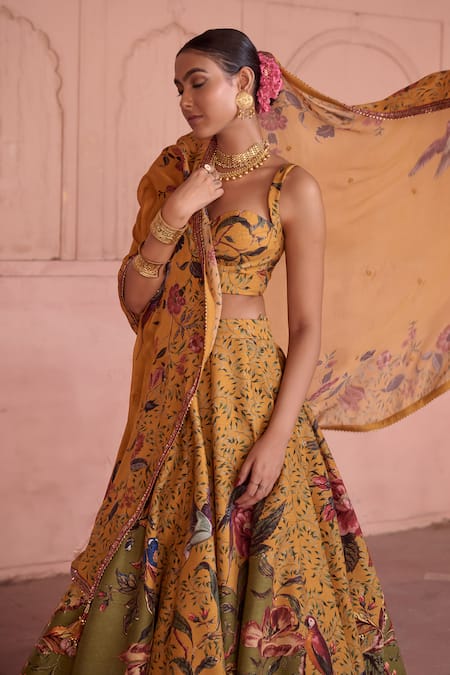 Shop Irrau By Samir Mantri Multi Color Dupion, Chinon, Chiffon Embroidery, Kaner Bird Print Lehenga Set Online at Aza Fashions Shop_Irrau By Samir Mantri_Multi Color Dupion, Chinon, Chiffon Embroidery, Kaner Bird Print Lehenga Set _Online_at_Aza_Fashions