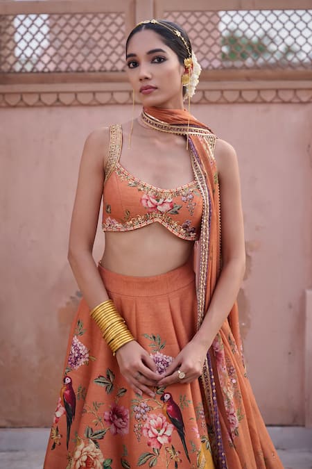 Irrau By Samir Mantri_Orange Dupion, Chinon, Chiffon Embroidery, Komudini Floral Print Lehenga Set _Online_at_Aza_Fashions