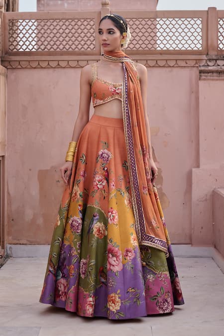 Irrau By Samir Mantri Orange Dupion, Chinon, Chiffon Embroidery, Komudini Floral Print Lehenga Set 