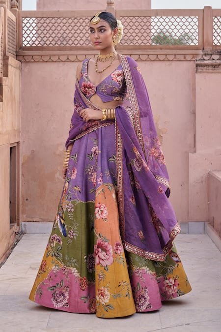 Irrau By Samir Mantri_Multi Color Dupion, Organza Embroidery, Anar Floral Bloom Print Lehenga Set _Online_at_Aza_Fashions