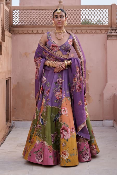 Irrau By Samir Mantri Multi Color Dupion, Organza Embroidery, Anar Floral Bloom Print Lehenga Set 
