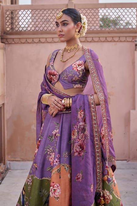 Buy_Irrau By Samir Mantri_Multi Color Dupion, Organza Embroidery, Anar Floral Bloom Print Lehenga Set _Online_at_Aza_Fashions