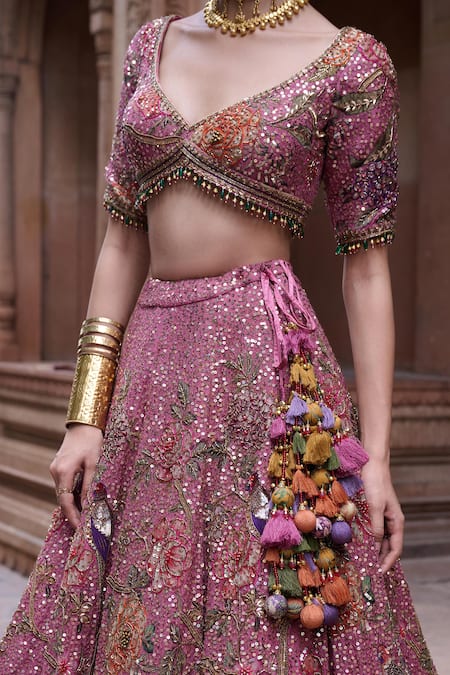 Irrau By Samir Mantri_Pink Organza Embroidery, Sequins, Beads, Tassels, Zari Kamal Hand Lehenga Set _Online_at_Aza_Fashions