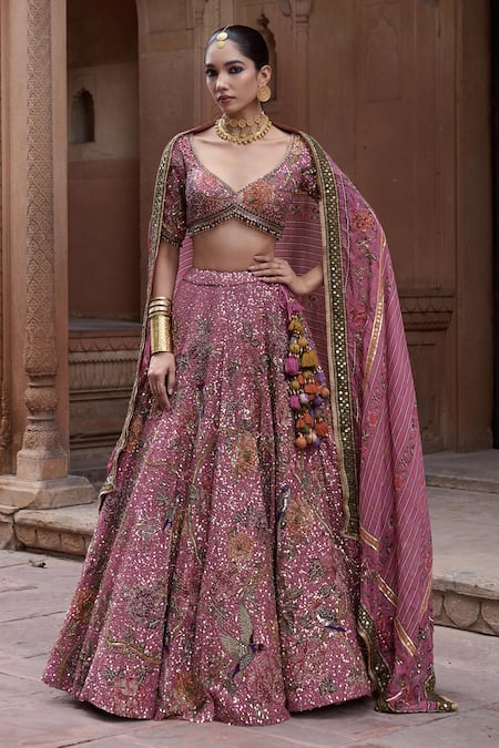 Irrau By Samir Mantri Pink Organza Embroidery, Sequins, Beads, Tassels, Zari Kamal Hand Lehenga Set 