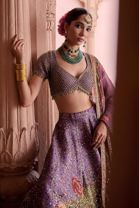 Irrau By Samir Mantri Purple Dupion, Organza Beads, Embroidery, Sequins, Shahtoot Floral Lehenga Set Online at Aza Fashions Irrau By Samir Mantri_Purple Dupion, Organza Beads, Embroidery, Sequins, Shahtoot Floral Lehenga Set _Online_at_Aza_Fashions