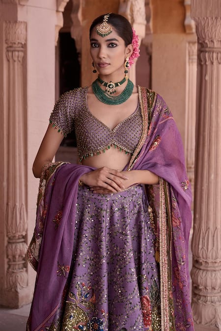 Buy Irrau By Samir Mantri Purple Dupion, Organza Beads, Embroidery, Sequins, Shahtoot Floral Lehenga Set Online at Aza Fashions Buy_Irrau By Samir Mantri_Purple Dupion, Organza Beads, Embroidery, Sequins, Shahtoot Floral Lehenga Set _Online_at_Aza_Fashions