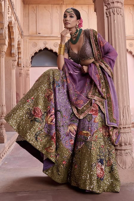 Shop Irrau By Samir Mantri Purple Dupion, Organza Beads, Embroidery, Sequins, Shahtoot Floral Lehenga Set Online at Aza Fashions Shop_Irrau By Samir Mantri_Purple Dupion, Organza Beads, Embroidery, Sequins, Shahtoot Floral Lehenga Set _Online_at_Aza_Fashions