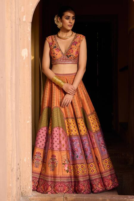 Irrau By Samir Mantri_Peach Dupion, Organza Embroidery, Tassels, Zari V-neck Parijat Lehenga Set _Online_at_Aza_Fashions