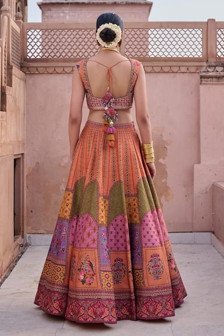 Buy_Irrau By Samir Mantri_Peach Dupion, Organza Embroidery, Tassels, Zari V-neck Parijat Lehenga Set _Online_at_Aza_Fashions