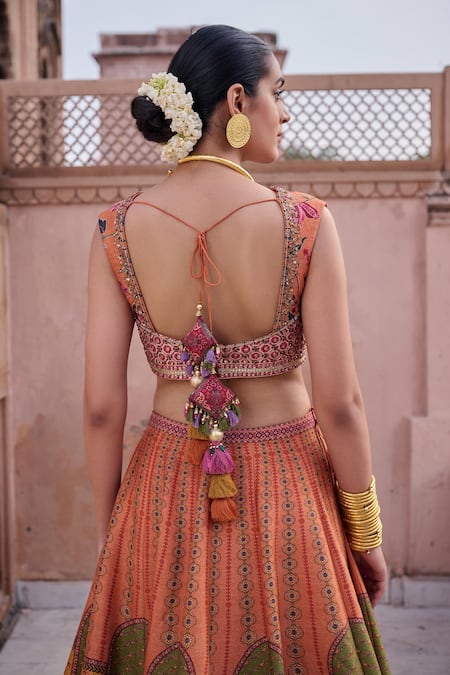 Shop_Irrau By Samir Mantri_Peach Dupion, Organza Embroidery, Tassels, Zari V-neck Parijat Lehenga Set _Online_at_Aza_Fashions