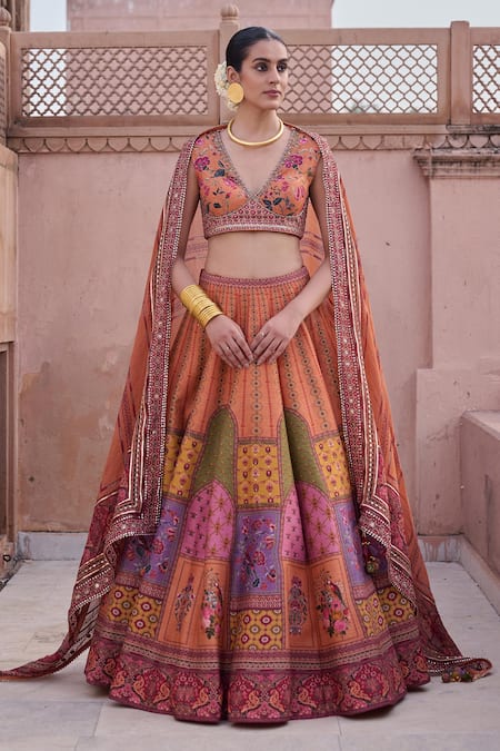 Irrau By Samir Mantri Peach Dupion, Organza Embroidery, Tassels, Zari V-neck Parijat Lehenga Set 
