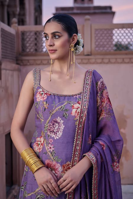 Irrau By Samir Mantri_Purple Dupion, Organza Embroidery, Piping Square Kumud Printed Kurta Sharara Set _Online_at_Aza_Fashions