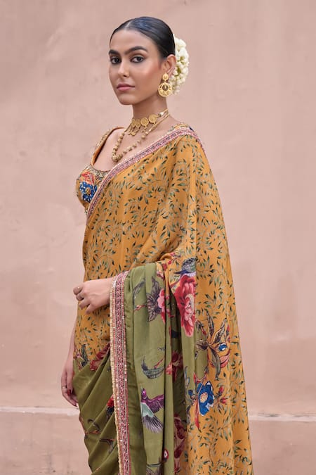 Irrau By Samir Mantri_Mustard Crepe Sequins, Embroidery, Beads Square Neck Champa Saree With Blouse _Online_at_Aza_Fashions