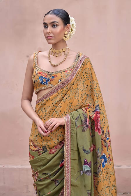 Buy_Irrau By Samir Mantri_Mustard Crepe Sequins, Embroidery, Beads Square Neck Champa Saree With Blouse _Online_at_Aza_Fashions