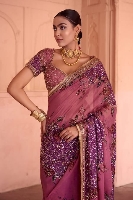 Irrau By Samir Mantri_Pink Organza, Crepe Embroidery, Sequins Sweetheart Chameli Saree With Blouse _Online_at_Aza_Fashions