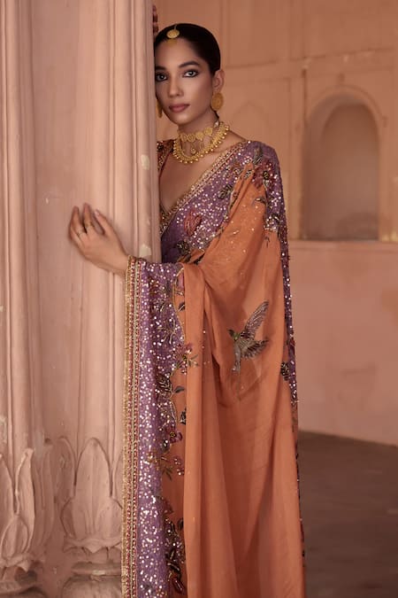 Irrau By Samir Mantri Peach Georgette, Crepe Sequins, Embroidery Kesar Border Saree With Blouse Online at Aza Fashions Irrau By Samir Mantri_Peach Georgette, Crepe Sequins, Embroidery Kesar Border Saree With Blouse _Online_at_Aza_Fashions