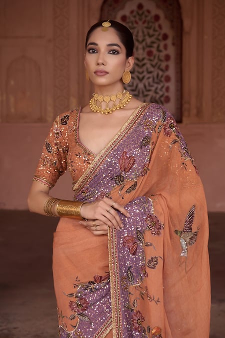 Buy Irrau By Samir Mantri Peach Georgette, Crepe Sequins, Embroidery Kesar Border Saree With Blouse Online at Aza Fashions Buy_Irrau By Samir Mantri_Peach Georgette, Crepe Sequins, Embroidery Kesar Border Saree With Blouse _Online_at_Aza_Fashions