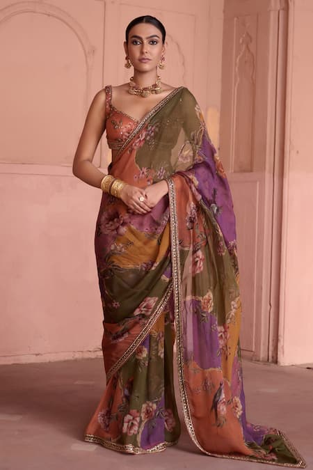 Irrau By Samir Mantri Multi Color Organza, Crepe Embroidery, Gulbahar Embellished Saree With Blouse 