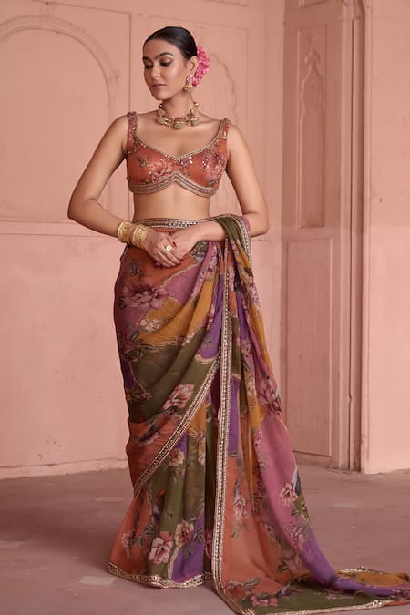 Irrau By Samir Mantri_Multi Color Organza, Crepe Embroidery, Gulbahar Embellished Saree With Blouse _Online_at_Aza_Fashions