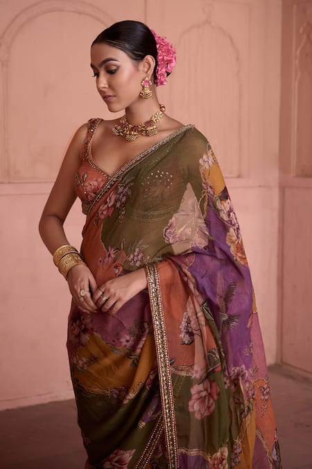 Buy_Irrau By Samir Mantri_Multi Color Organza, Crepe Embroidery, Gulbahar Embellished Saree With Blouse _Online_at_Aza_Fashions