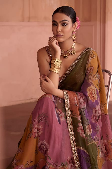 Shop_Irrau By Samir Mantri_Multi Color Organza, Crepe Embroidery, Gulbahar Embellished Saree With Blouse _Online_at_Aza_Fashions