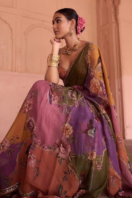 Irrau By Samir Mantri_Multi Color Organza, Crepe Embroidery, Gulbahar Embellished Saree With Blouse _at_Aza_Fashions
