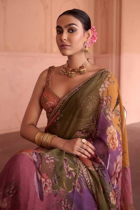 Buy_Irrau By Samir Mantri_Multi Color Organza, Crepe Embroidery, Gulbahar Embellished Saree With Blouse 