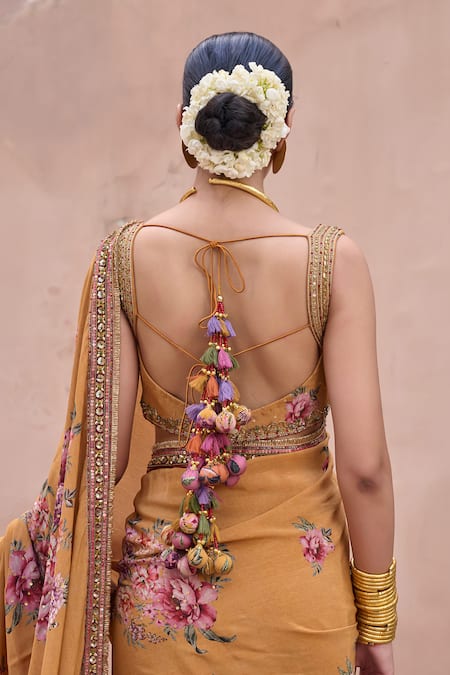 Irrau By Samir Mantri_Mustard Crepe Embroidery, Sequins Sweetheart Sarson Printed Saree With Blouse _Online_at_Aza_Fashions