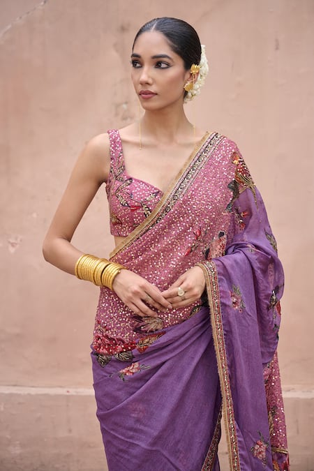 Irrau By Samir Mantri_Purple Organza, Crepe Embroidery, Sequins Sweetheart Raatrani Saree With Blouse _Online_at_Aza_Fashions