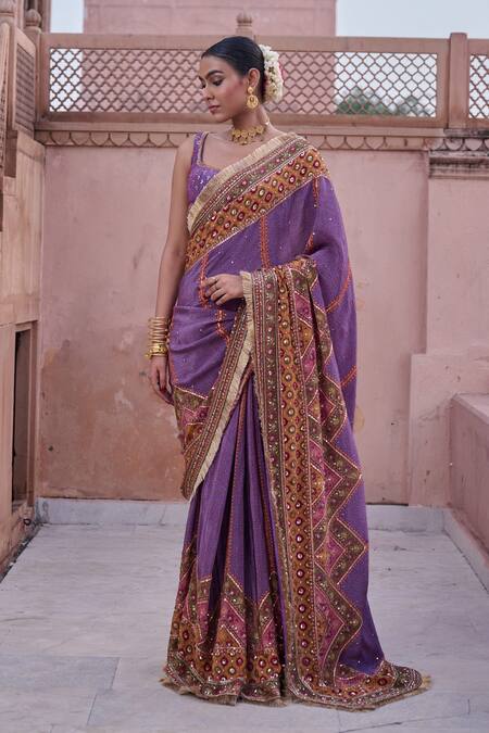Irrau By Samir Mantri_Purple Crepe Embroidery, Tassels Banafsha Chevron Pattern Saree With Blouse _Online_at_Aza_Fashions
