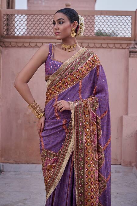 Buy_Irrau By Samir Mantri_Purple Crepe Embroidery, Tassels Banafsha Chevron Pattern Saree With Blouse _Online_at_Aza_Fashions