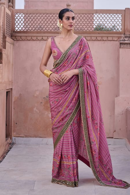 Irrau By Samir Mantri Pink Crepe Embroidery, Sequins V-neck Ketaki Printed Saree With Blouse 