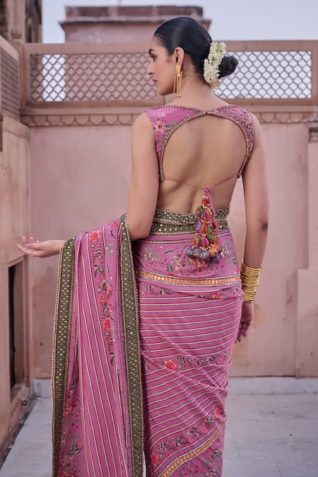Irrau By Samir Mantri_Pink Crepe Embroidery, Sequins V-neck Ketaki Printed Saree With Blouse _Online_at_Aza_Fashions
