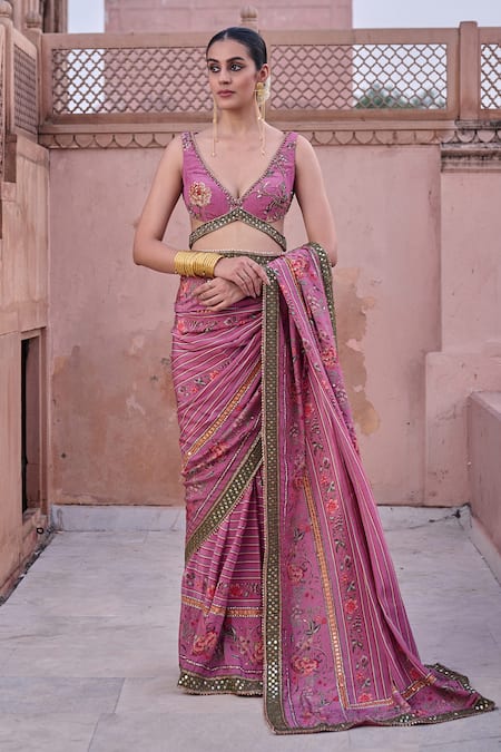 Buy_Irrau By Samir Mantri_Pink Crepe Embroidery, Sequins V-neck Ketaki Printed Saree With Blouse _Online_at_Aza_Fashions