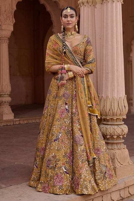 Irrau By Samir Mantri Mustard Organza Embroidery, Sequins, Tassels V-neck Surajmukhi Lehenga Set 