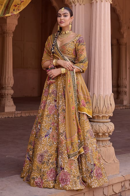 Irrau By Samir Mantri_Mustard Organza Embroidery, Sequins, Tassels V-neck Surajmukhi Lehenga Set _Online_at_Aza_Fashions