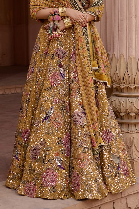 Buy_Irrau By Samir Mantri_Mustard Organza Embroidery, Sequins, Tassels V-neck Surajmukhi Lehenga Set _Online_at_Aza_Fashions