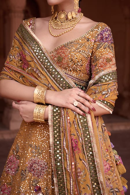 Shop_Irrau By Samir Mantri_Mustard Organza Embroidery, Sequins, Tassels V-neck Surajmukhi Lehenga Set _Online_at_Aza_Fashions